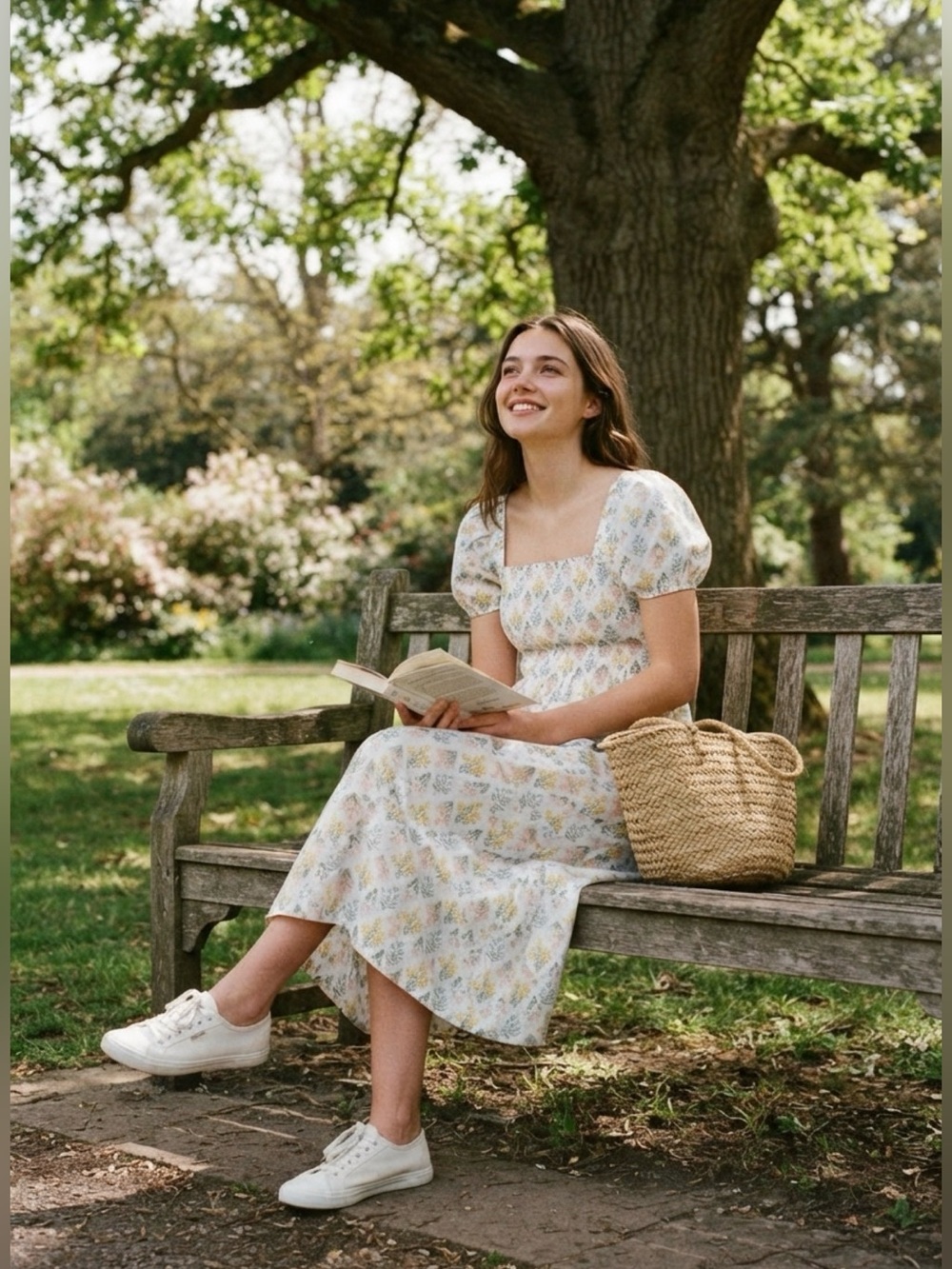 H&M | White Floral Puff-Sleeved Smocked Cotton Dress